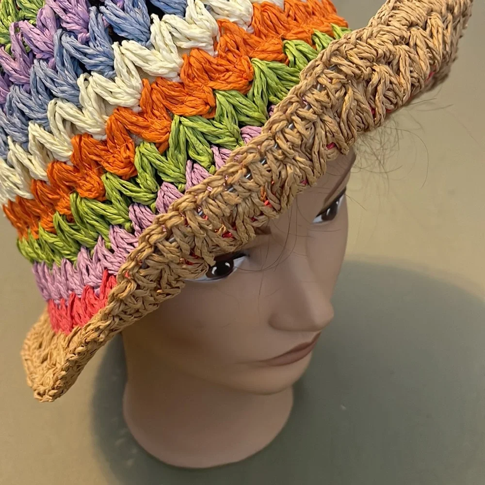Hand-Crocheted Multicolor Raffia Bucket Hat - Picture 2 of 13